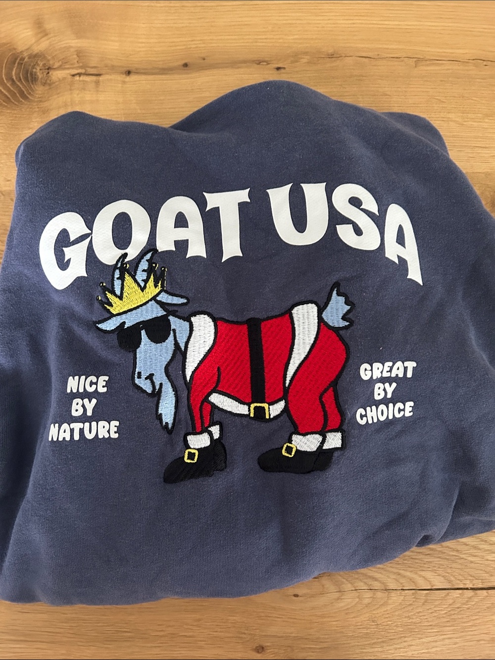 Youth XL Navy Blue Hooded Sweatshirt with Embroidered Goat Patch